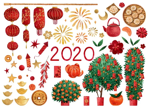 2020 Çin Yeni Yılı için suluboya elementler. El fenerleri, mandalina ağaçları, kırmızı zarflar, kart yapmak için havai fişekler, ambalaj kağıtları ve kendi tasarımınıza göre koleksiyon defterleri..