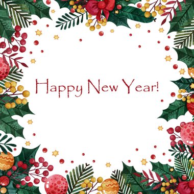 Renkli Noel ağacı dalları, kutsal dallar, böğürtlenler ve diğer elementlerden oluşan suluboya kare çerçeve. Davetiye dekorasyonu, tebrik kartları ve hatıra defteri için Noel konsepti.
