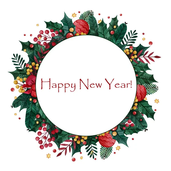 Renkli Noel dalları, kutsal dallar, böğürtlenler ve diğer elementlerden oluşan suluboya çerçeve. Dekorasyon davetleri, tebrik kartları ve hatıra defteri için el çizimi çerçeve.