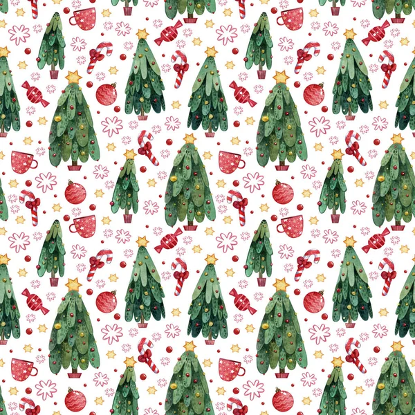 Akvarel bezešvný vzor s vánoční stromky na bílém pozadí s dárky, hvězdy, vánoční hračky, sněhové vločky, sladkosti.Vánoční pozadí pro balení papíru, blahopřání a scrapbooking. — Stock fotografie
