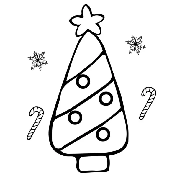 Julgran Smycken Från Leksaker Sockerrör Och Snöflingor Färglös Bakgrund Målarbok — Stock vektor