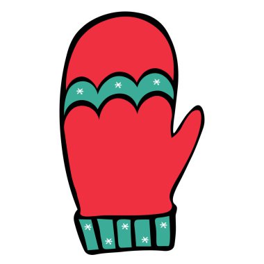 Yünlü eldiven. Yumuşak eldiven. Renkli vektör çizimi. İzole edilmiş arka plan. Çizgi film tarzı. Kışın elleri ısıtmak için kürk eldiven. Örülmüş kumaş ve soğuktan korunma. Kar beyazı kar tanelerinin süsü. Noel zamanı. Yeni yıl. Şenlikli.