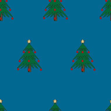 Noel ağacı deseni. Cam topların dekorasyonu. Mavi-yeşil arka plan. Noel zamanı. Yeni yıl. Tatil baskısı.
