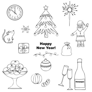 Noel seti. Robot resim. Tatil baskıları koleksiyonu. Vektör çizimi. İzole edilmiş bir arkaplanda özet geç. Doodle tarzı. Çocuklar için boyama kitabı. Noel zamanı. Yeni yıl. Noel dekoratif öğeleri. Web tasarımı için fikir. Saatler, büyükbaba.