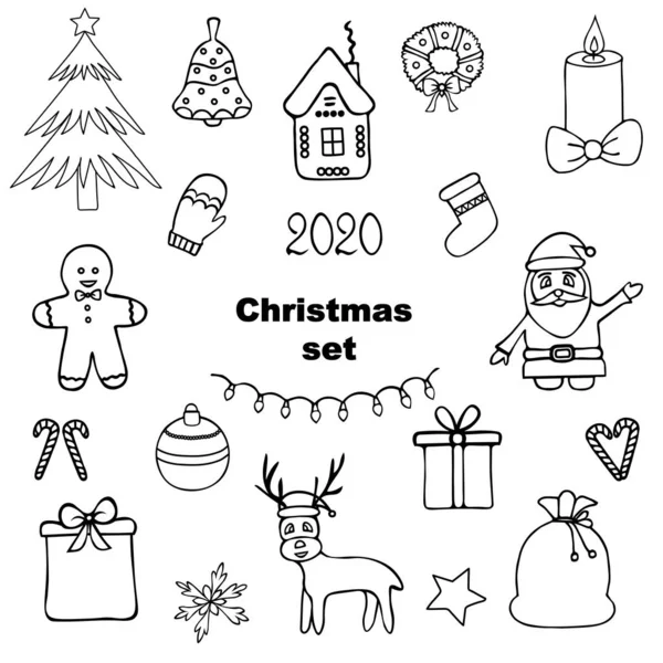 Χριστουγεννιάτικο Σετ Σκίτσο Συλλογή Εορταστικών Εκτυπώσεων Εικονογράφηση Διανύσματος Περίγραμμα Ένα — Διανυσματικό Αρχείο