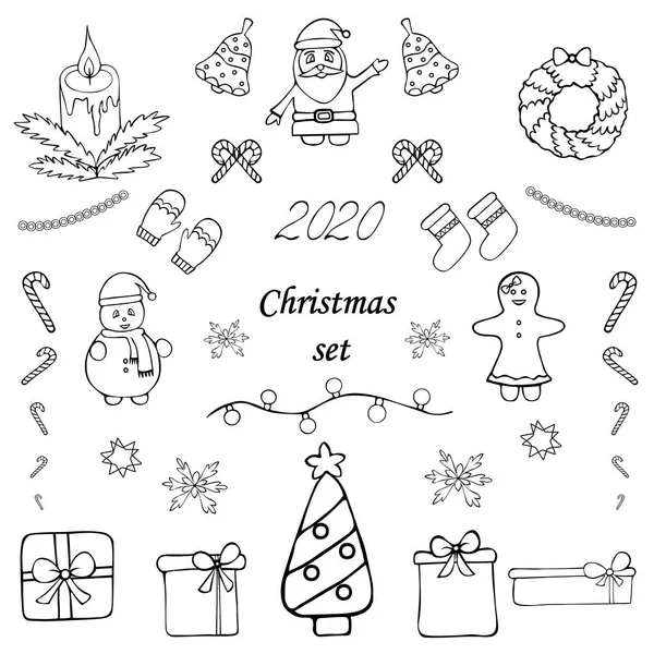 Χριστουγεννιάτικο Σετ Σκίτσο Συλλογή Εορταστικών Εκτυπώσεων Εικονογράφηση Διανύσματος Περίγραμμα Ένα — Διανυσματικό Αρχείο