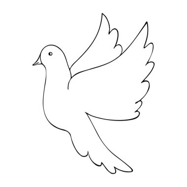 Dove in flight. Bird flaps its wings. The dove is a symbol of peace. Snow-white bird. Vector illustration. Outline on an isolated background. Coloring book. Illustration for Valentine day, wedding. Holiday sketch. Fly high to heaven. Coloring Page.