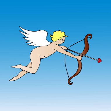 Cennetteki melek. Aşk Tanrısı. Aşk tanrısı. Renkli vektör çizimi. Küçük aşk tanrısı bir okun oklarını fırlatıyor. Sevgililer Günü. İzole edilmiş mavi arka plan. Kanatlı çocuk. Çizgi film tarzı. Web tasarımı için fikir. Kutlama baskısı.