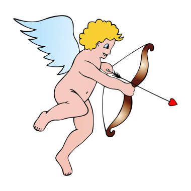 Meleğim. Aşk Tanrısı. Aşk tanrısı. Renkli vektör çizimi. Küçük aşk tanrısı bir okun oklarını fırlatıyor. Sevgililer Günü. İzole edilmiş arka plan. Kanatlı çocuk. Çizgi film tarzı. Web tasarımı için fikir, çıkartma. Kutlama baskısı.