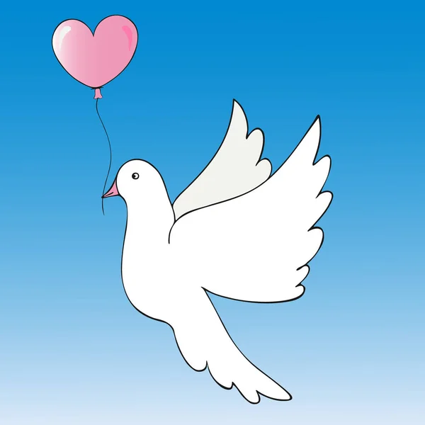 Güvercin. Barış kuşu. Beyaz bir güvercin pembe kalp şeklinde bir balon taşır. Renkli vektör çizimi. İzole edilmiş mavi arka plan. Tebrik kartı, davetiye, web tasarımı, kitap tasarımı için fikir. Evliliğin sembolü. Çizgi film tarzı. Tatil baskısı.