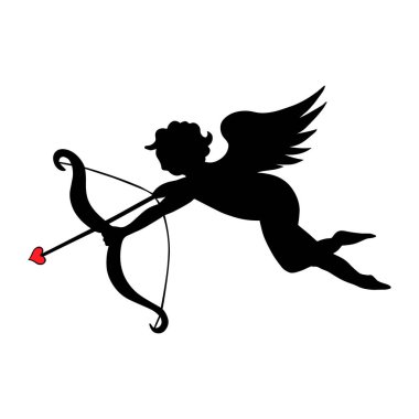 Meleğim. Siluet. Aşk Tanrısı. Aşk tanrısı. Renkli vektör çizimi. Küçük aşk tanrısı bir okun oklarını fırlatıyor. Sevgililer Günü. İzole edilmiş beyaz arka plan. Kanatlı çocuk. Web tasarımı, çıkartma, dövme fikri. Kutlama baskısı.