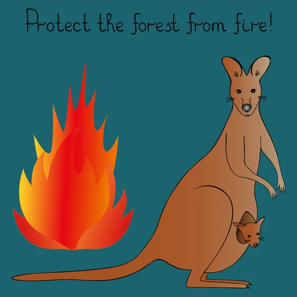 カラーベクトルイラスト 森を火から守れ赤ちゃんを持つ母カンガルー 火の炎 緑の背景 ウェブデザインのアイデア オーストラリアの哺乳類 漫画風 — ストックベクタ