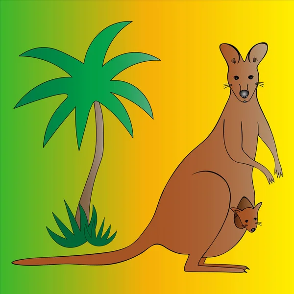 赤ちゃんと母カンガルーのカラーベクトルイラスト ヤシの木と緑の茂み 黄色の緑の背景に動物 ウェブデザインのアイデア オーストラリアの哺乳類 漫画風 — ストックベクタ