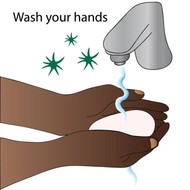 Ellerini sabunla yıka. Vektör illüstrasyon tavsiyesi. Musluktan su dökülüyor. Bakteriler ve virüsler havada uçuşuyor. İzole edilmiş arka plan. Esmer tenli. Eğitim edebiyatı için fikirler, kitaplar. Temizlik sağlığın anahtarıdır. Covid 19.