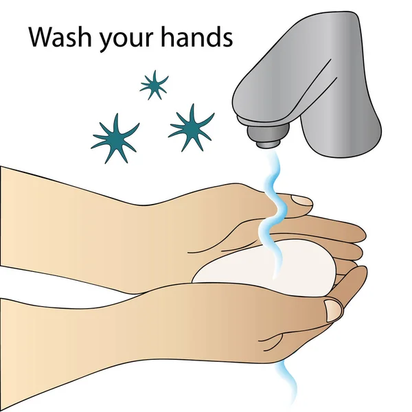 Umyj Ręce Mydłem Ilustracja Rekomendacja Wektora Woda Wylewa Się Kranu — Wektor stockowy