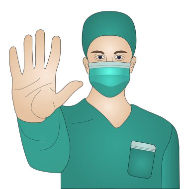 Doktor bey. Maskeli ve tulumlu hemşire. Vektör çizimi. El ileri, virüsleri durdur. Salgın Covid19. İzole edilmiş bir geçmişi olan adamlar. Eğitim edebiyatı ve web tasarımı için fikir. Terapist enfeksiyona karşı uyardı. Tıbbi tema. Yardım.