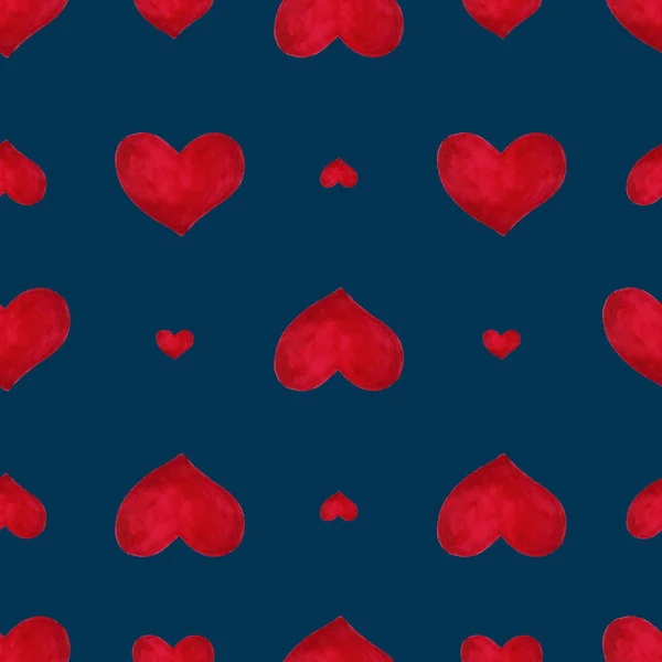 Seamless Vector Pattern Watercolor Red Hearts Sea Green Background Romantic — Stok Vektör