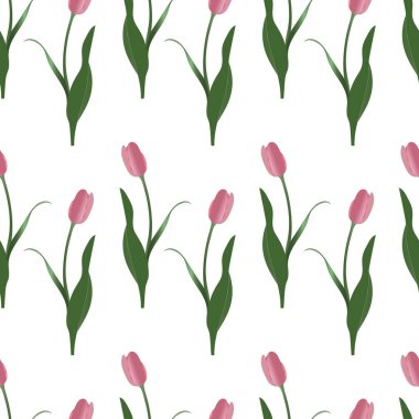 Endless vector pink tulip pattern. Spring clearing. Plant on an isolated background. Idea for wallpaper, cover, decoration. Floral print.