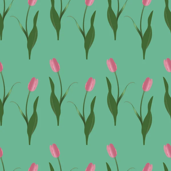 Eindeloos Roze Tulpenvector Patroon Voorjaarsweide Plant Een Groene Achtergrond Idee — Stockvector