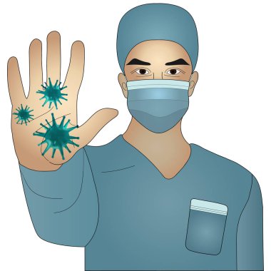 Asyalı doktor. Maskeli ve tulumlu sağlık görevlisi. Vektör çizimi. El ileri, virüsleri durdur. Salgın Covid19. İzole edilmiş bir geçmişi olan adam. Eğitim edebiyatı ve web tasarımı için fikir. Terapist enfeksiyona karşı uyardı. Tıbbi tema. Yardım.