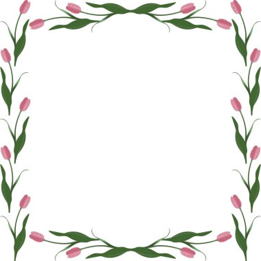 Kare şeklinde lalelerin bahar çerçevesi. Gül goncası. Vektör. Mesaj ve fotoğraf için yer. İzole edilmiş arka plan. Tebrik kartı, davetiye, kart oluşturma fikri. Çiçek süsü..
