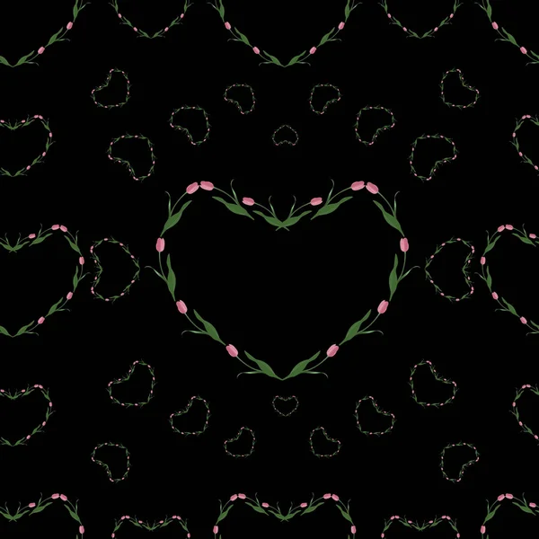 Corazón Forma Tulipanes Rosados Patrón Sin Costuras Vector Fondo Negro — Vector de stock