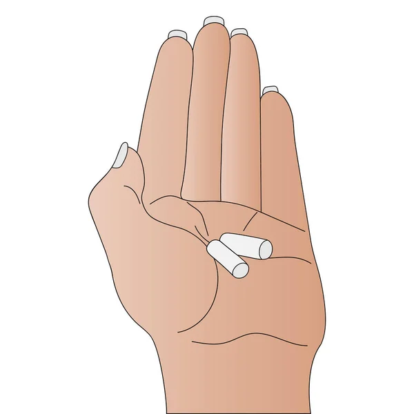 Kobieta Trzyma Tabletki Dłoni Jasna Skóra Wektor Leki Przepisywane Przez — Wektor stockowy