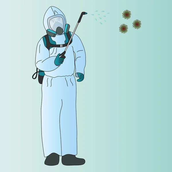 Specjalista Dezynfekuje Powietrze Infekcji Koronawirusowej Covid Ilustracja Wektora Odizolowane Zielone — Wektor stockowy