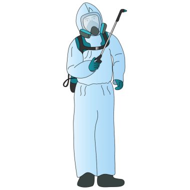 Uzman, Coronavirus enfeksiyonu COVID-19 'daki havayı dezenfekte ediyor. Vektör çizimi. İzole edilmiş arka plan. Çizgi film tarzı. Maskeli ve koruyucu giysili dezenfektan. Dezenfektanla bir virüs salgınıyla savaşmak. Tıbbi konular. Çizgi film biçimi.