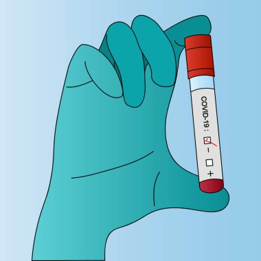 Teşhis onaylandı. Kan örneği negatif. Coronavirus enfeksiyonu COVID-19 tespit edilemedi. Vektör çizimi. İzole edilmiş arka plan. Test tüpü ve hasta analizi laboratuvar asistanının ellerinde. Klinik örneklerin toplanması.