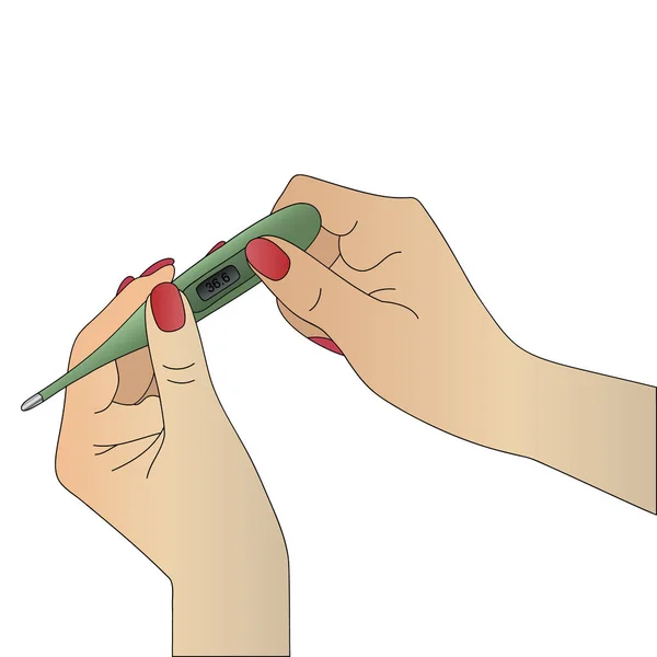 Γυναικεία Χέρια Και Θερμόμετρο Χρωματική Διανυσματική Απεικόνιση Ανοιχτό Δέρμα Μέτρηση — Διανυσματικό Αρχείο
