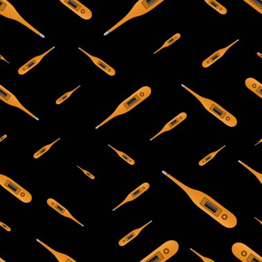 Termometre elektroniktir. Durmadan tekrarlayan süs. Kusursuz vektör deseni. Cihaz izole edilmiş siyah bir arkaplanda turuncu renktedir. Tıbbi konular. Duvar kağıdı, kapak, ambalaj, tekstil, dekorasyon için fikir. Parlak parmak izi. Çizgi film biçimi.