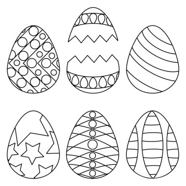 Paskalya yumurtaları. Robot resim. Vektör koleksiyonu. Çocuklar için boyama kitabı. İzole edilmiş beyaz arkaplanda özet geç. Yumurtalar farklı süslemelerle süslenmiş. Bir dizi illüstrasyon. Web tasarımı için fikir. Hafif Paskalya. Kutlama baskısı.