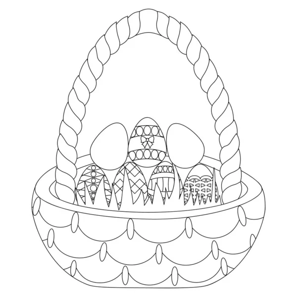 Easter Basket Eggs Grass Underlay Vector Illustration Outline Isolated Background — Image vectorielle