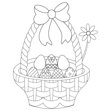 Easter basket with eggs. Chamomile design. Vector illustration. Outline on an isolated background. Coloring book. Sketch. Holy Easter symbol. This wicker basket with a bow is filled with decorated eggs. Idea for web design. Doodle style. Spring print