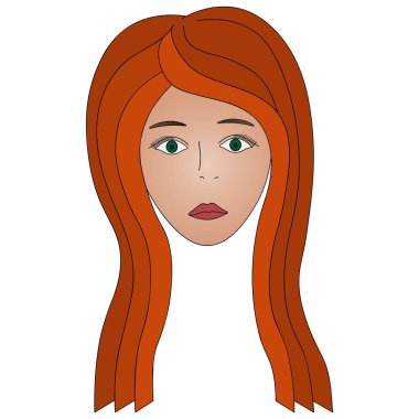 Kızıl saçlı bir kızın yüzünün renk vektör çizimi. Yeşil gözler. Tam yüz. Uzun kirpikleri var. Dudaklar mercan rujuyla yapılır. Uzun saçlı. İzole edilmiş bir arkaplanda yüz. Kitap, dergi ve web tasarımı için fikir. Çizgi film biçimi.