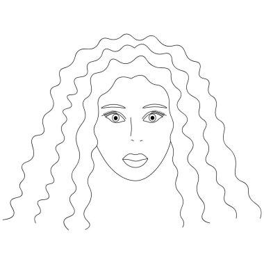 Afro-Amerikalı bir kızın yüzünün vektör çizimi. Tam yüz. Uzun bukleler, afro saç modeli. Kabarık dudaklar. İzole edilmiş bir arkaplanda yüz. Çocuklar ve yetişkinler için boyama kitabı. Kitap, dergi ve web tasarımı için fikir. Doodle tarzı.
