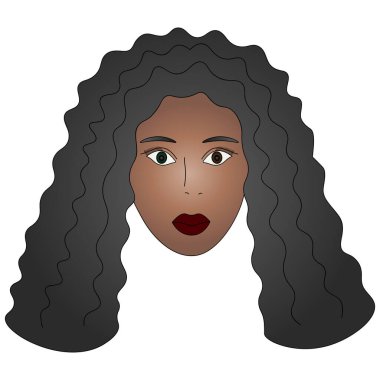 Afro-Amerikan bir kızın yüzü. Tam yüz. Renkli vektör çizimi. Heterokromi farklı bir göz rengidir. Uzun bukleler, afro saç modeli. Kabarık dudaklar. İzole edilmiş bir arkaplanda yüz. Yapıştırma ve web tasarımı için fikir. Çizgi film biçimi.