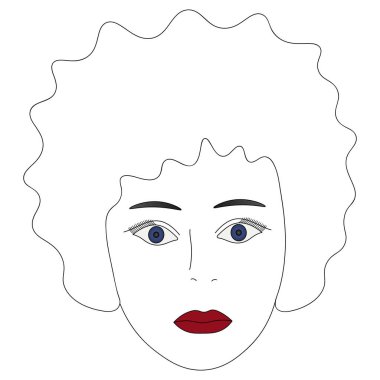 Mavi gözlü bir kızın vektör çizimi. Tam yüz. Saç stili gür bukleler. Onun tombul dudakları parlak kırmızıya boyandı. İzole edilmiş bir arkaplanda yüz. Kitap, dergi ya da web tasarımı için fikir. Genç kadın..