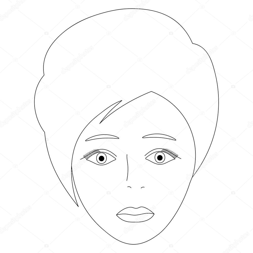Vector illustration of a girl's face. Full face. Short pixie haircut. Plump lips. Face on an isolated background. Coloring book for children and adults. Idea for a book, magazine, or web design. Doodle style.