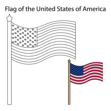 Amerikan bayrağı. Vektör çizimi. Politik konular. Çocuklar için boyama kitabı. İzole edilmiş arka plan. Devletin ulusal sembolü. Amerika Birleşik Devletleri 'nde başkanlık seçimleri. Eğitim edebiyatı, web tasarımı, çıkartma fikri.