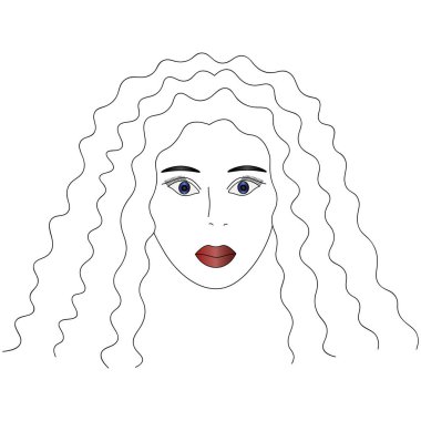 Mavi gözlü bir kızın vektör çizimi. Tam yüz, saç stili, lüks, uzun saç. Dolgun dudakları yakut rengi rujla boyanmıştı. İzole edilmiş bir arkaplanda yüz. Kitap, dergi ya da web tasarımı için bir fikir. Genç kadın..