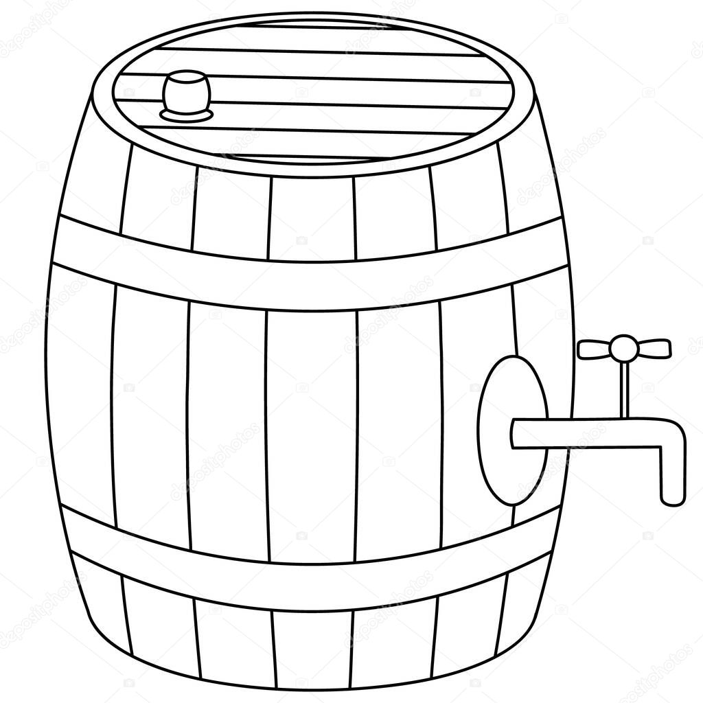 Wooden barrel. Keg of beer. Sketch. Fresh foamy drink. Vector illustration. Isolated background. Coloring book. Saint Patrick Day. A tap for pouring a drink comes out of the container. The barrel is closed with a cork. Web design. Doodle style.