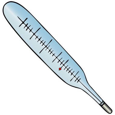 Sıcaklık ölçümü. Termometre cıvası. Soğuk algınlığı ve ateşi belirlemek için tıbbi bir araç. İzole edilmiş beyaz bir arkaplanda renk vektör çizimi. Sağlık konuları. Çizgi film tarzı. Hastalığın semptomlarının analizi. Cam termometre.