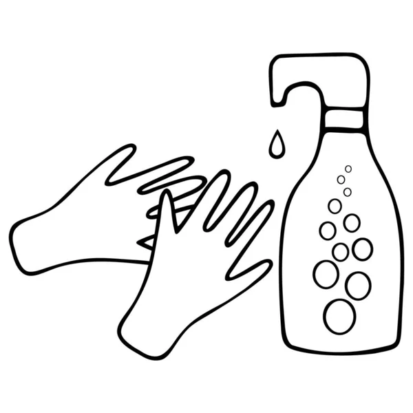 Händewaschen Mit Flüssigseife Seife Tropft Aus Dem Behälter Vektorillustration Skizze — Stockvektor