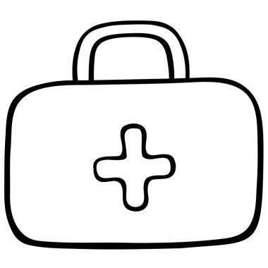 İlaç poşeti. İçinde ilk yardım malzemeleri olan bir çanta. Vektör çizimi. Tecrit edilmiş bir arka plan. Robot resim. Çocuklar için boyama kitabı. İlk yardım çantası. İlaç poşeti. Doodle tarzı. Tıbbi konular. Web tasarımı için fikir.