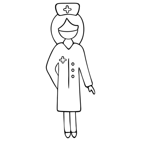 A nurse in a cap with a cross and a medical mask. Vector illustration. The medical worker is anonymous. Female doctor in a white coat. An employee of the hospital. Outline on an isolated background. Doodle style. Sketch. The subject of health.
