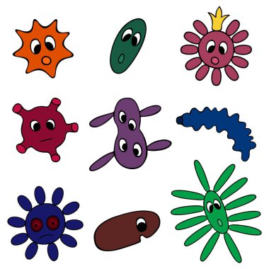 Coronavirus, virüs, bakteri, mikrop, basil. Şirin mikroorganizma koleksiyonu. İzole edilmiş arka plan. Renkli vektör çizimi. Tıbbi konular. Çizgi film tarzı. Bir grup komik organizma. Web tasarımı için fikir.