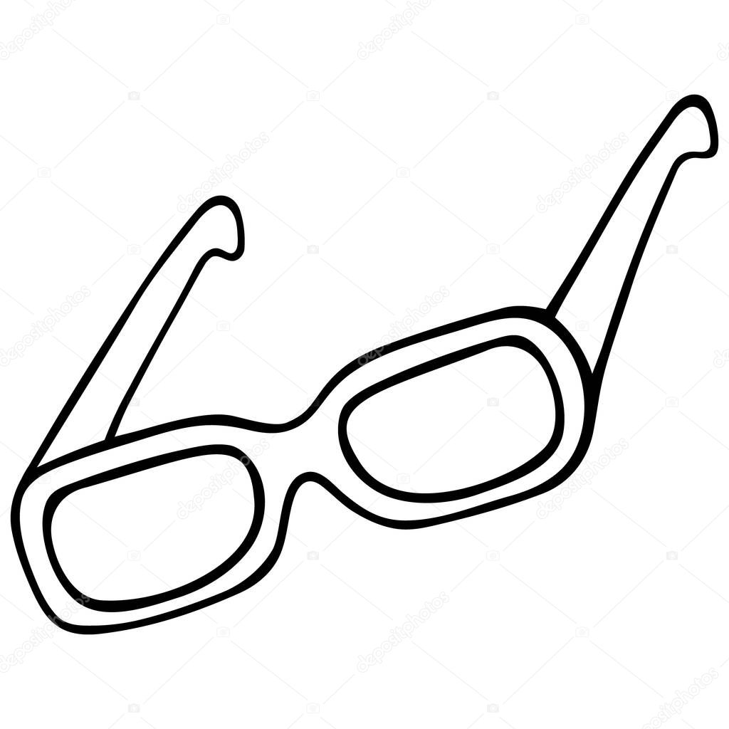 Glasses for working at a computer. Work online under quarantine. Vector illustration. Contour on an isolated background. Doodle. Sketch. Optical device for vision correction. 3D glasses for watching stereoscopic films. Spectacles for a stylish look.