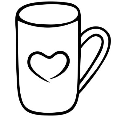 Kalbi olan bir kupa. Vektör çizimi. İzole edilmiş bir arkaplanda özet geç. Doodle tarzı. Sketch Love sabıka tasarımı. Sıcak bir içecek için bulaşıklar. Bir fincan çay molası. İnternette çalışıyorum. Web tasarımı için fikir, menü. Sevgililer Günü. Kendine bir kahve al..